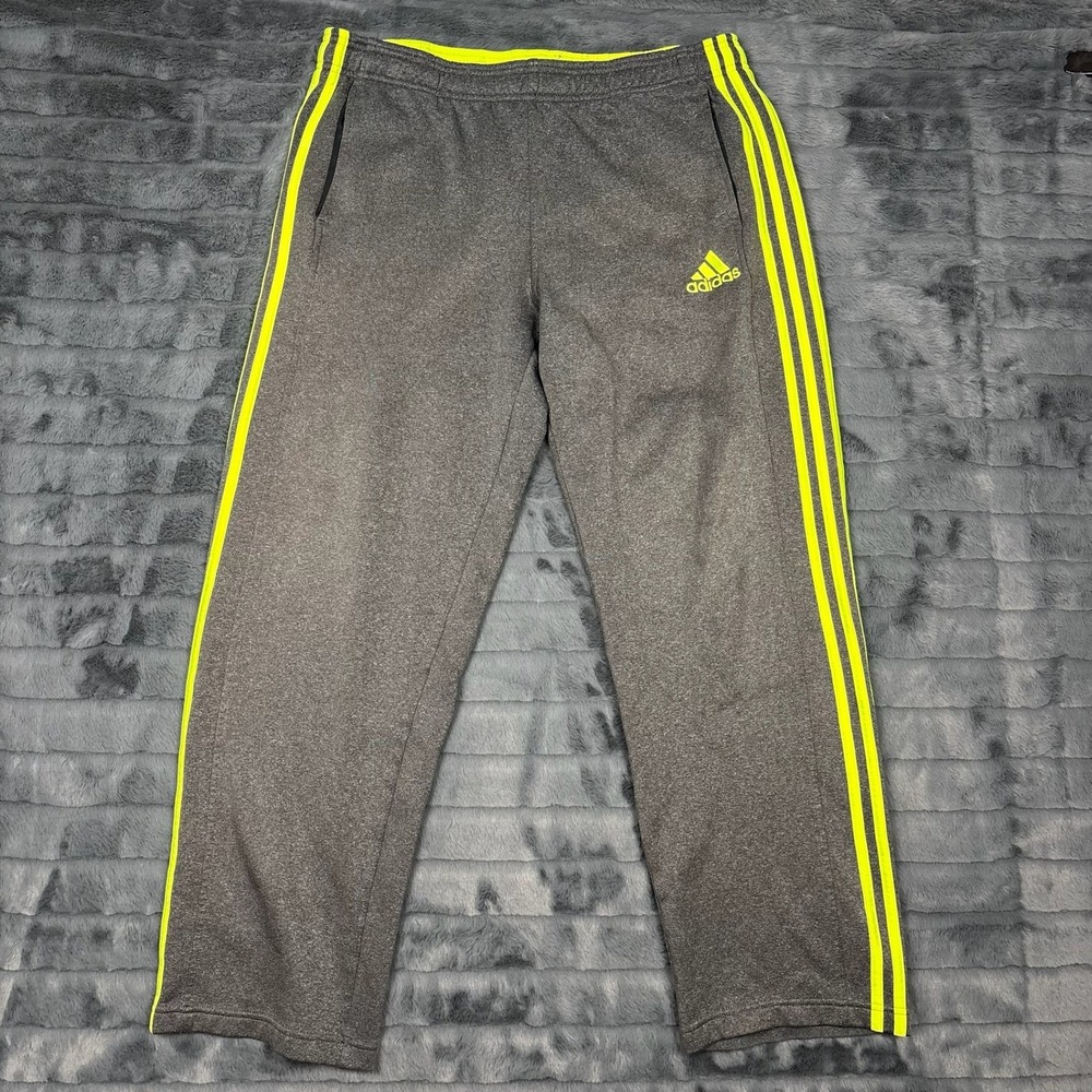 Adidas Mens Gray Neon Yellow 3 Stripe Fleece Track Pants Size Large